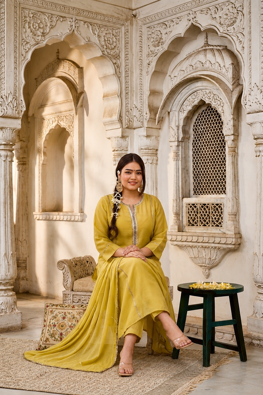 Mehendi Green Muslin Kurta Set | 3 Piece Kurta Pant Dupatta Set