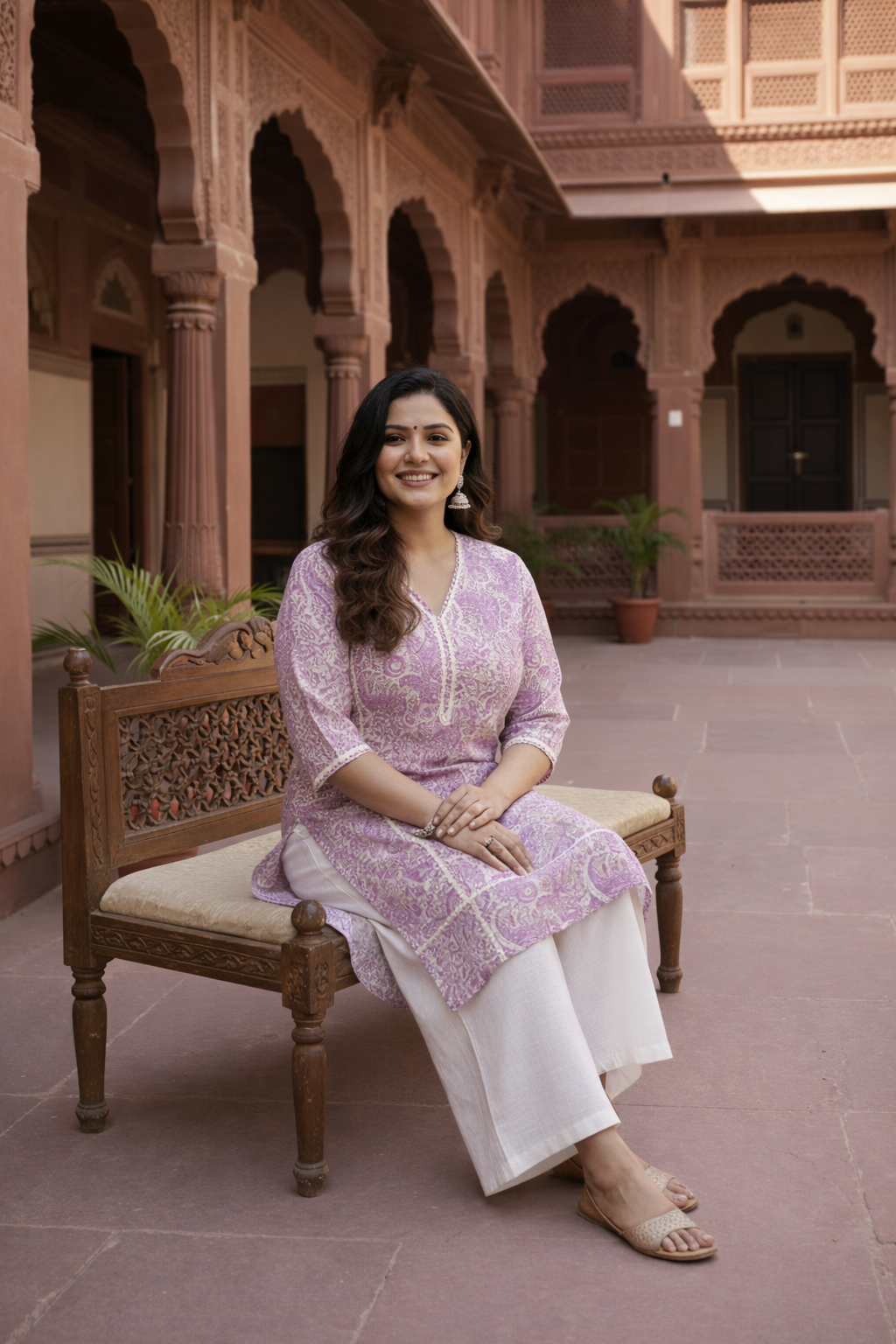 Elegant Block Print Dusty Floral Lilac Kurta(only kurta)