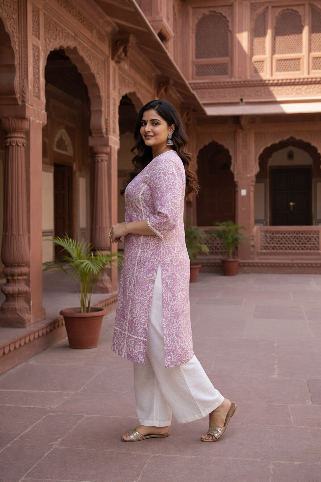 Elegant Block Print Dusty Floral Lilac Kurta(only kurta)