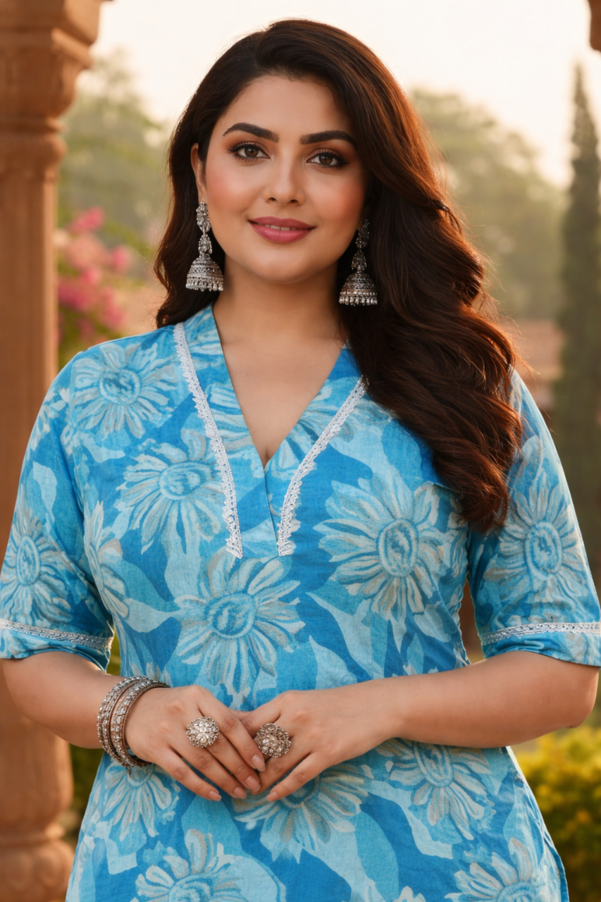 Ocean Blue Floral Cotton Kurta – Summer Prefect(only kurta)