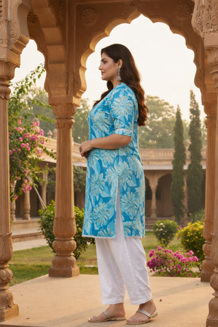 Ocean Blue Floral Cotton Kurta – Summer Prefect(only kurta)