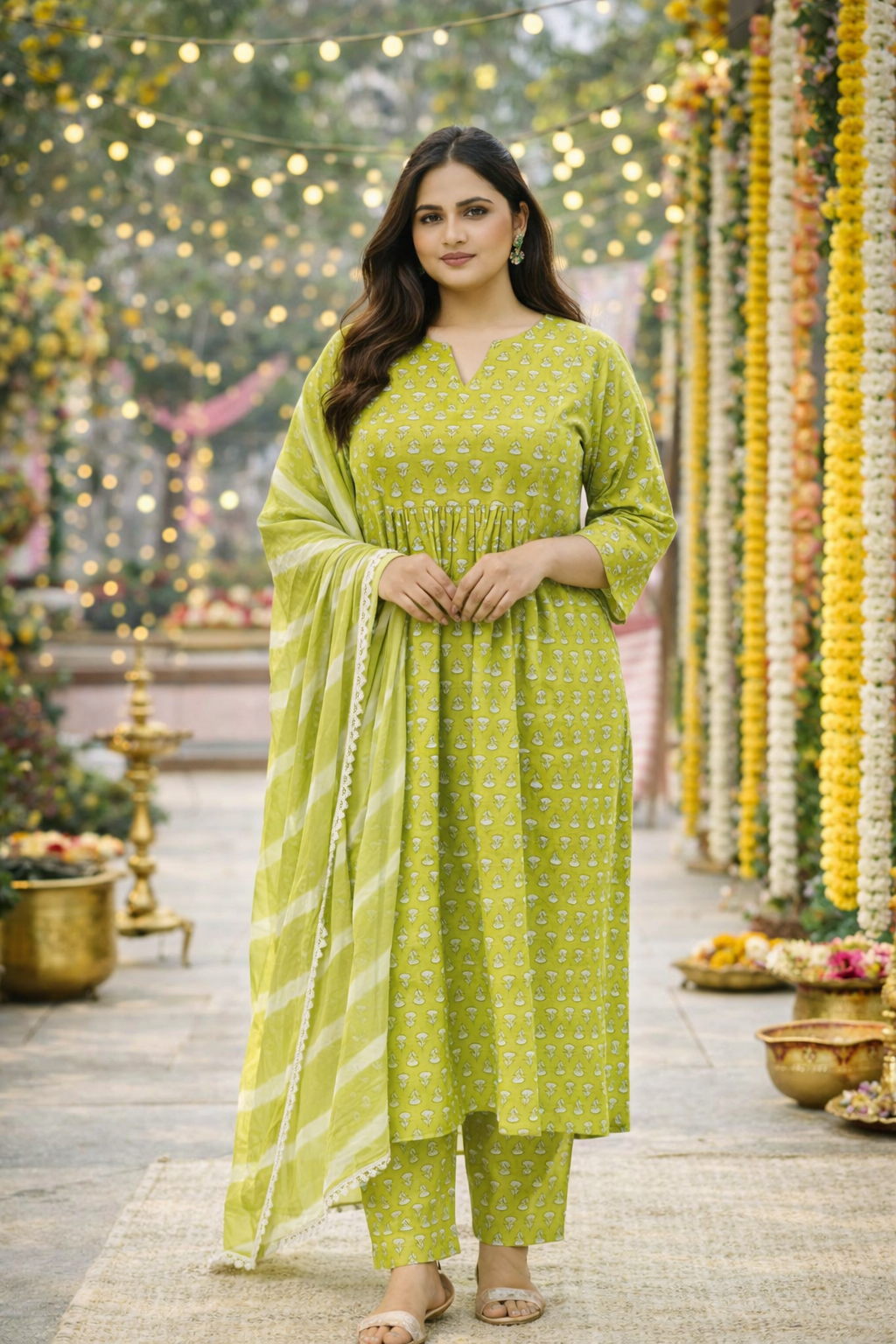 Trendy Lime Booti Kurta (Set of 3) with Leheriya Dupatta