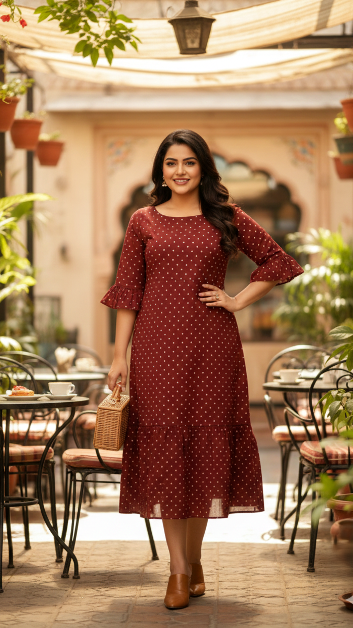 Maroon Polka Tiered Maxi Dress