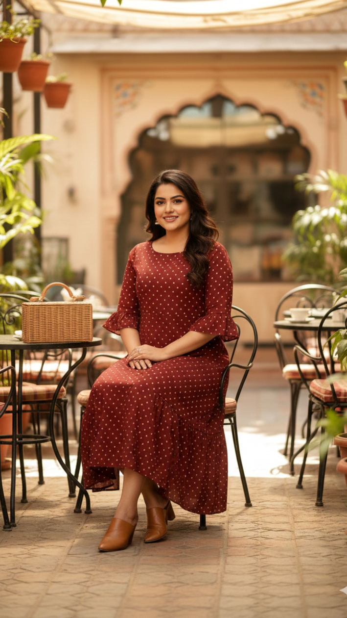 Maroon Polka Tiered Maxi Dress