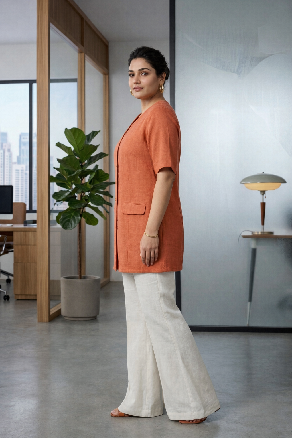 Rust Orange Short-Sleeve Linen Formal Jacket