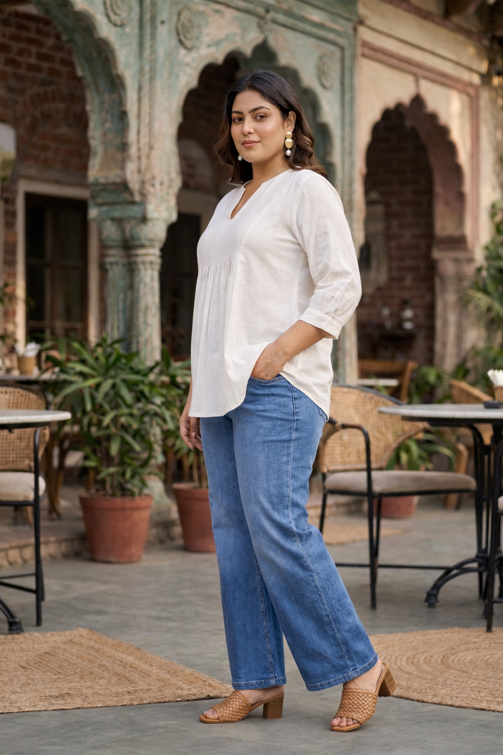 Elegant White Cotton Slub Peplum Top