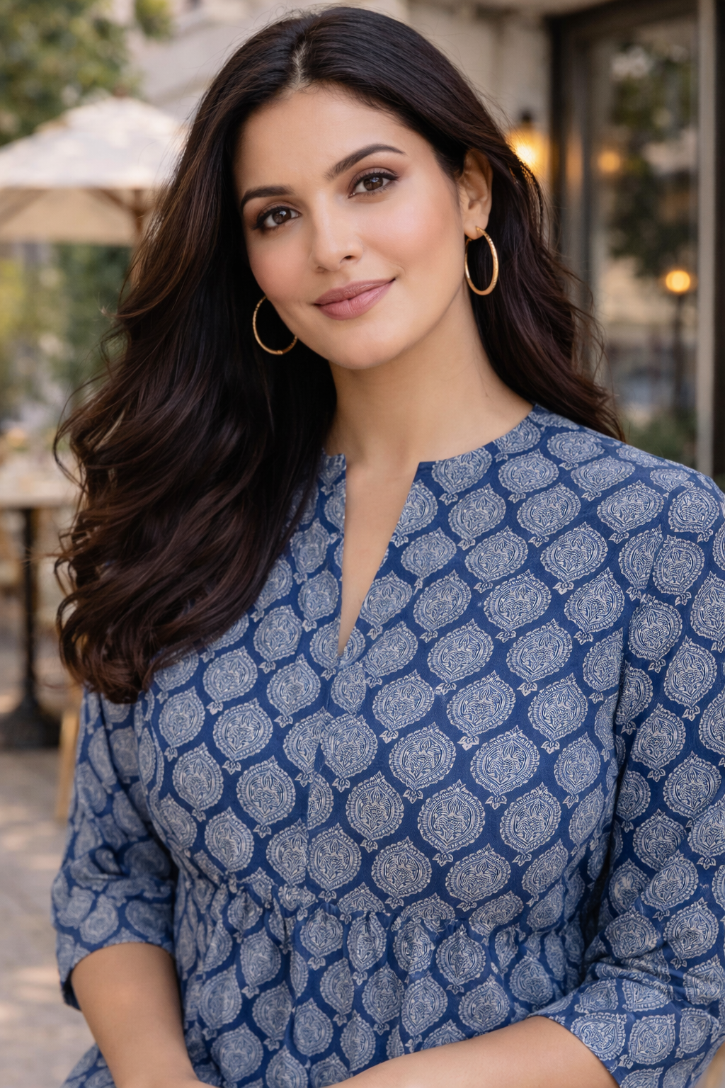 Indigo Blue Boota Print Cotton Peplum Top