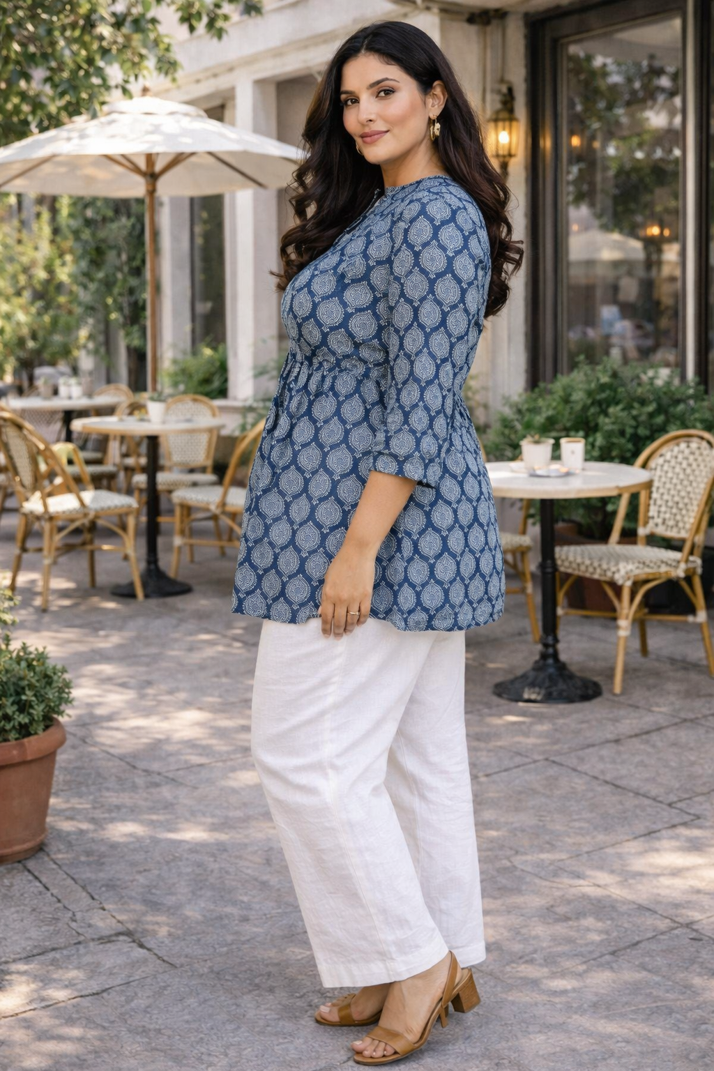Indigo Blue Boota Print Cotton Peplum Top