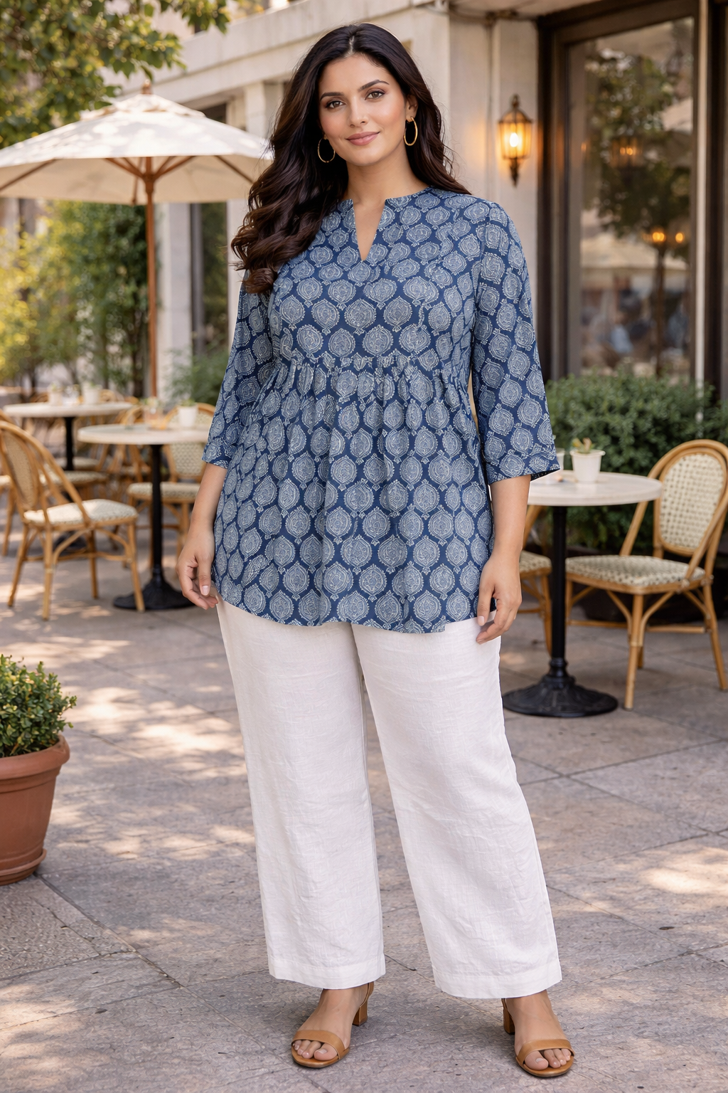 Indigo Blue Boota Print Cotton Peplum Top