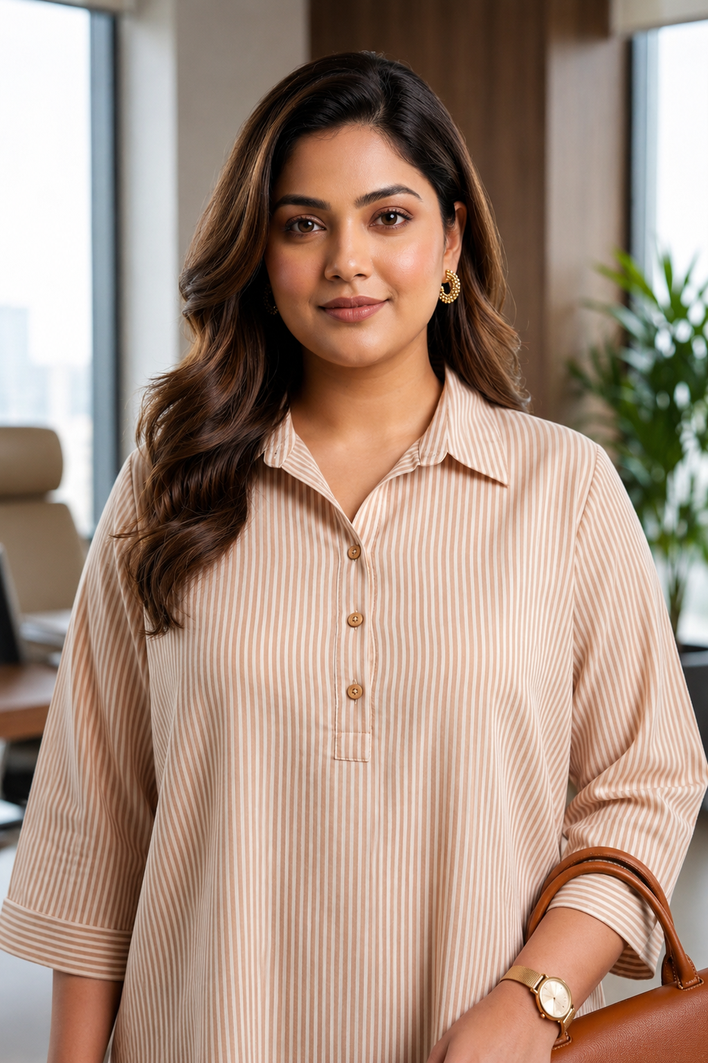 Brown Striped Hand block printed Cotton Shirt Top (Only Top)
