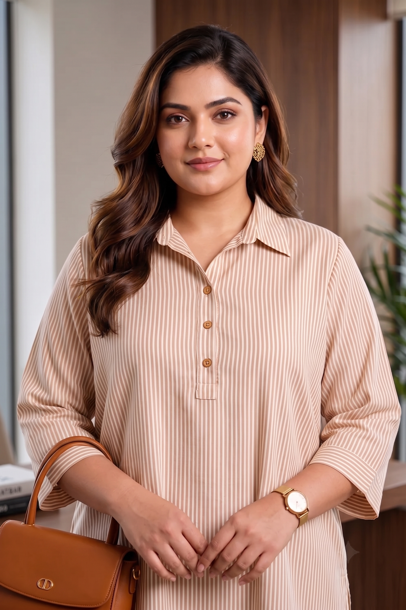 Brown Striped Hand block printed Cotton Shirt Top (Only Top)