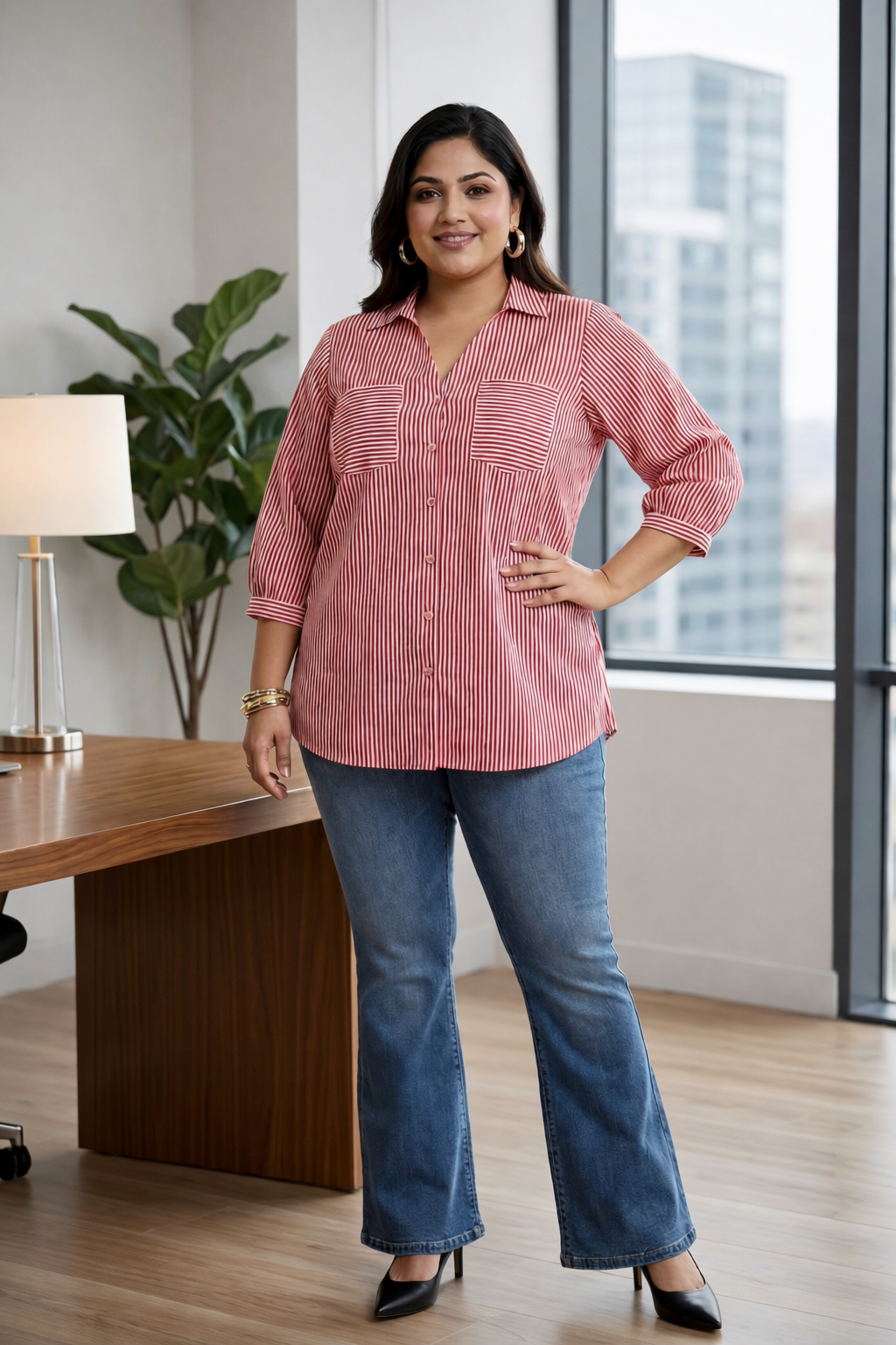 Red Striped Hand Block Printed Power  Shirt