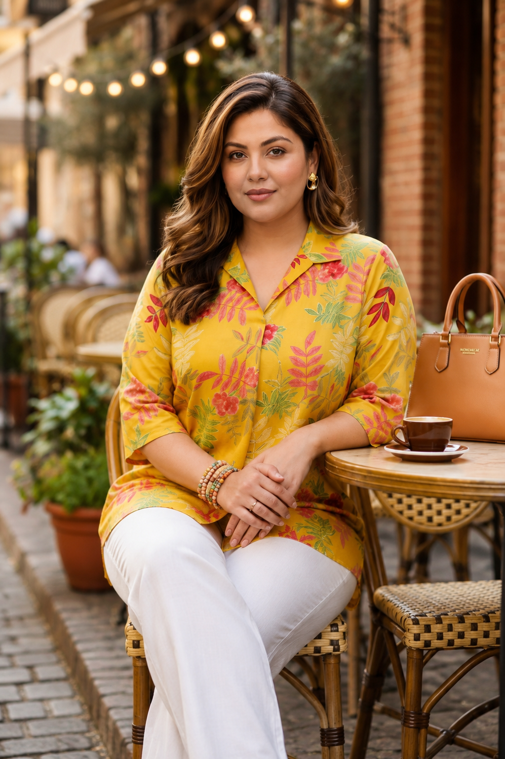 Mustard Yellow Floral Printed Casual Cotton Top (Only Top)