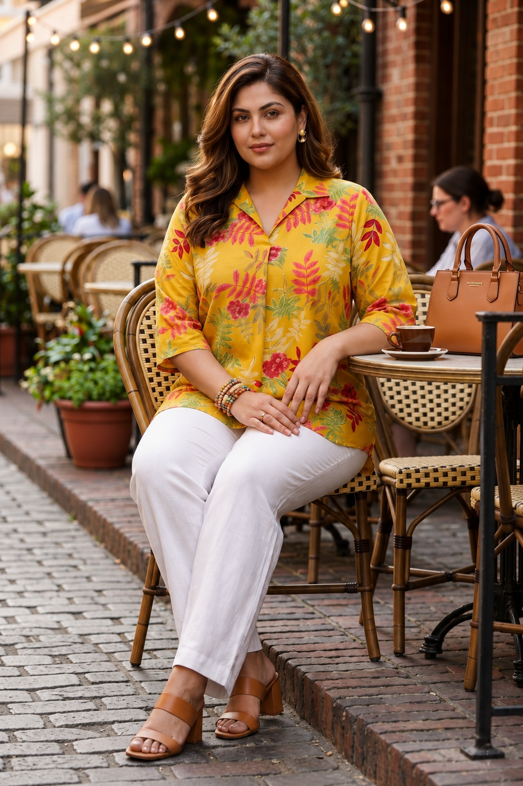Mustard Yellow Floral Printed Casual Cotton Top (Only Top)