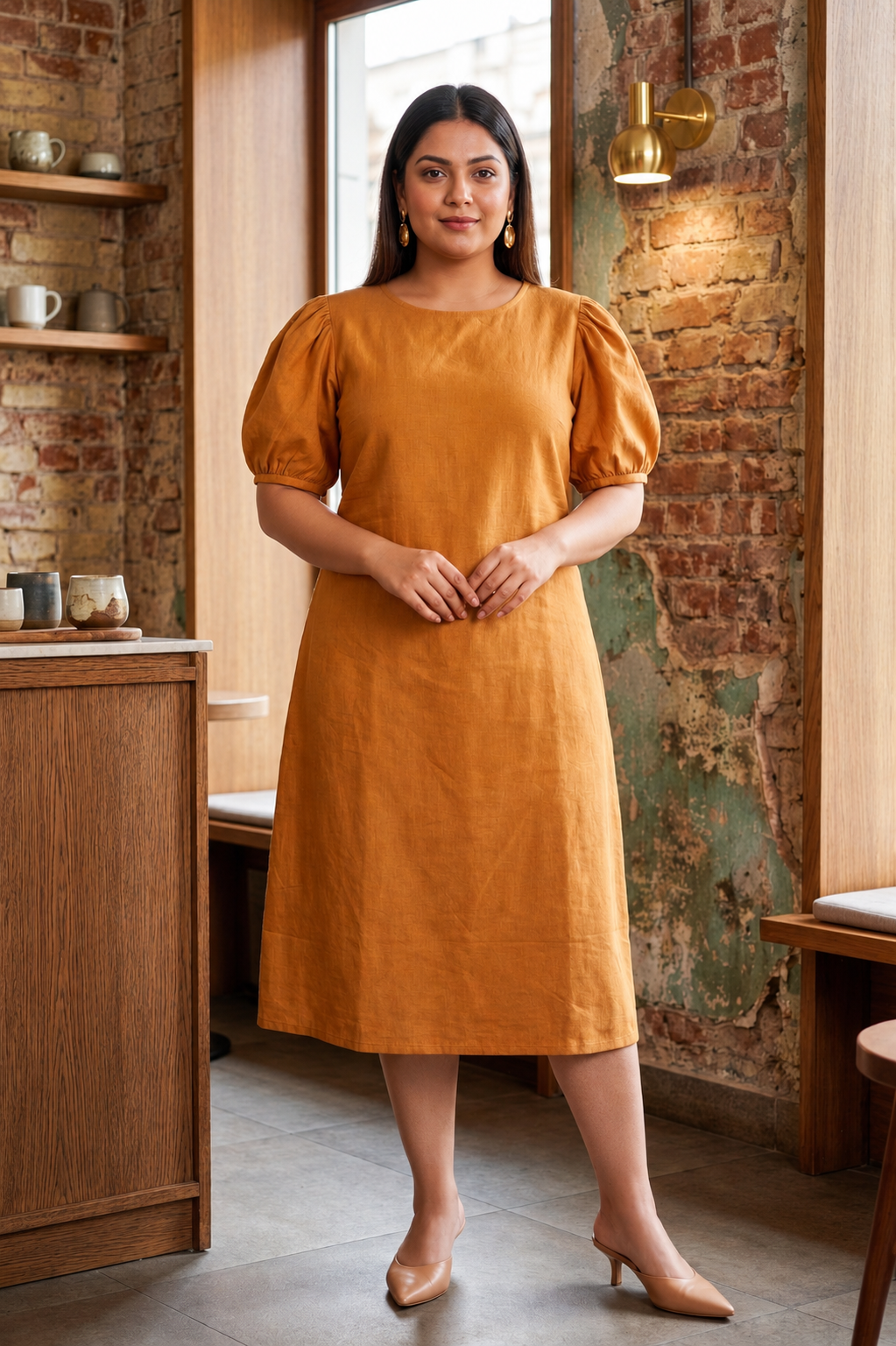 Mustard Tan Solid Linen Midi Dress
