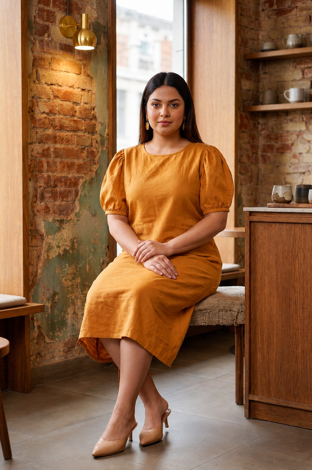 Mustard Tan Solid Linen Midi Dress