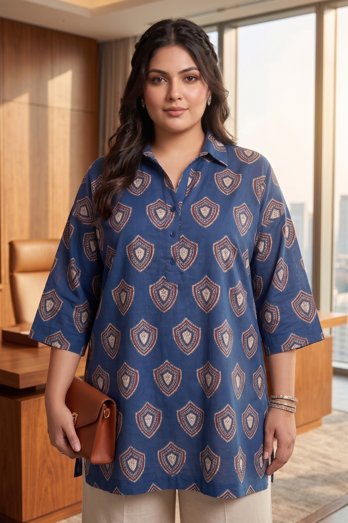 Plus Size Cotton Printed Top Tunic – Blue Printed Relaxed Fit