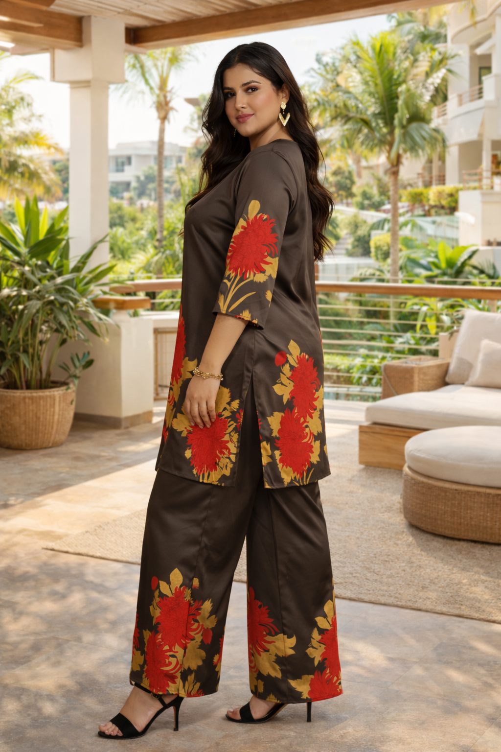 Olive Brown Floral Printed Co-Ord Set for Women