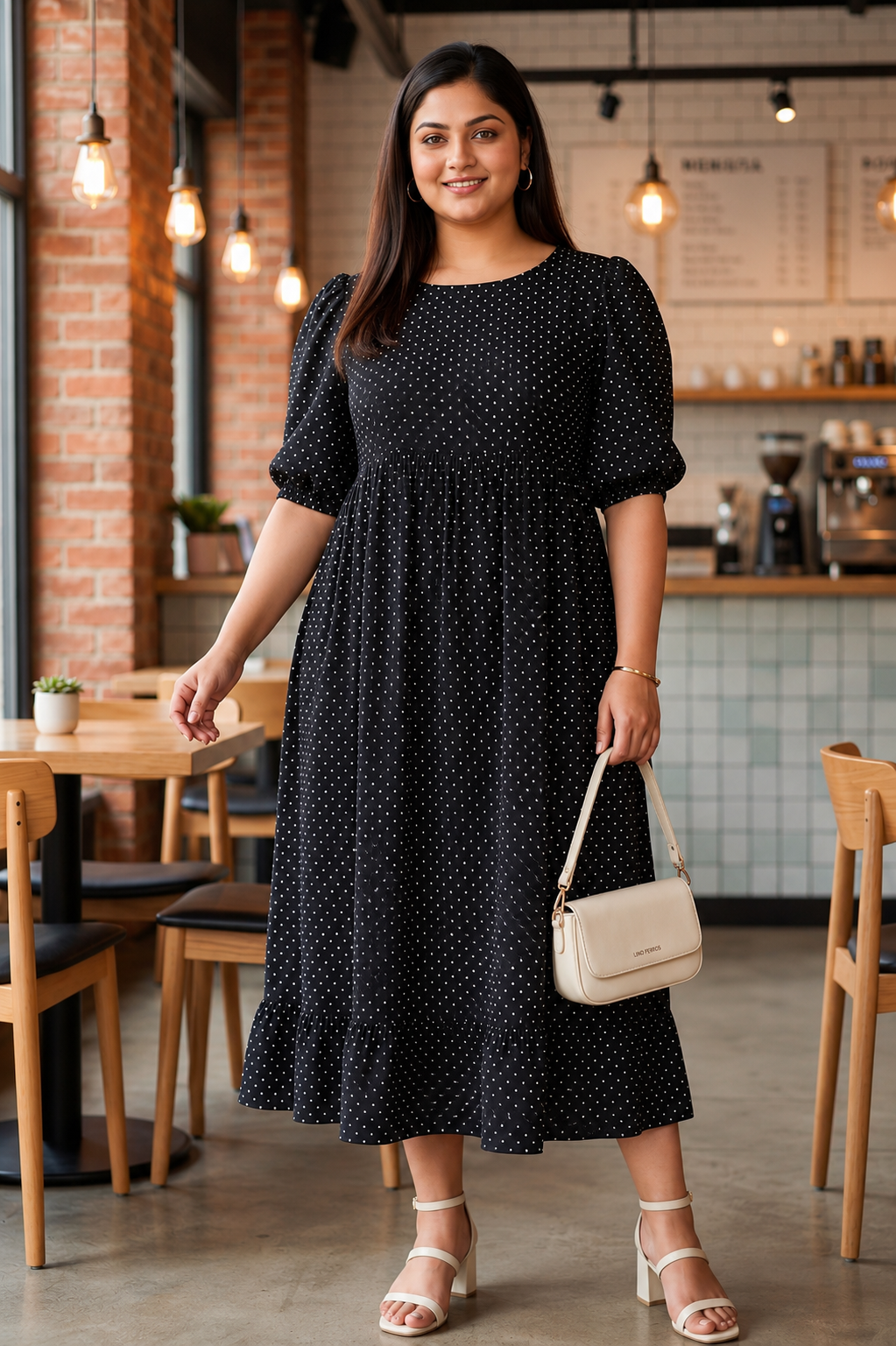 Black White Polka Dot Viscose Crepe Midi Dress