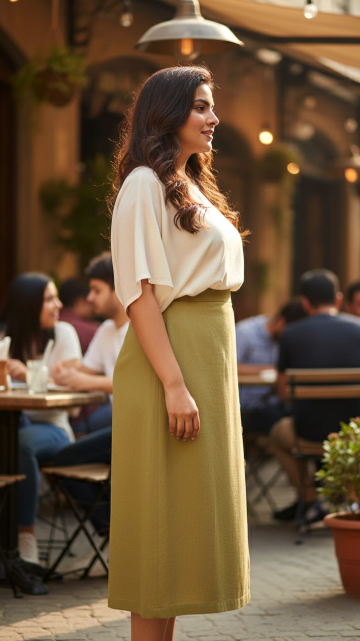 Olive Green Linen Skirt with Functional Buttons