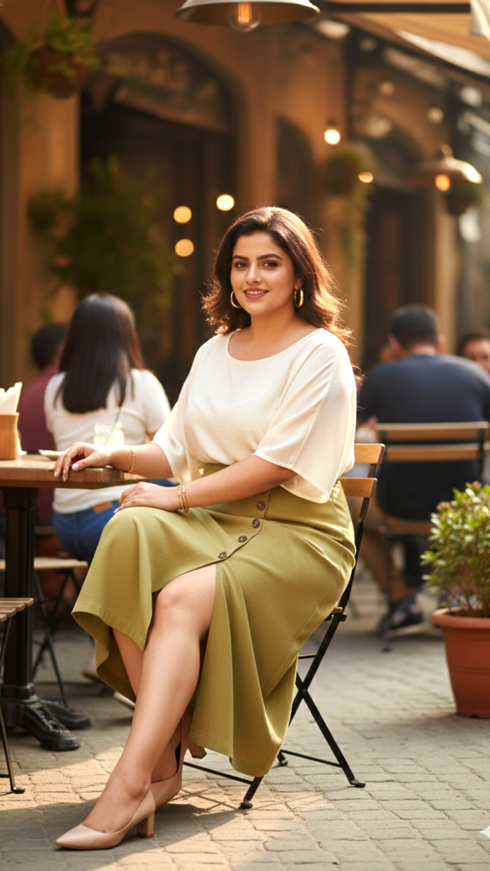 Olive Green Linen Skirt with Functional Buttons