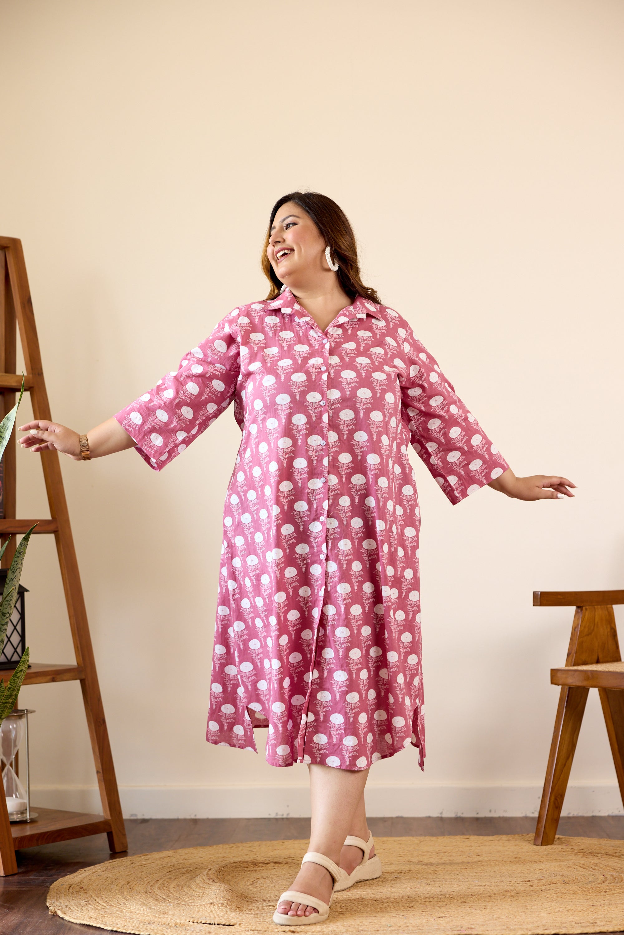 Onion Pink Floral Shirt Dress with Waist Tie main image 0