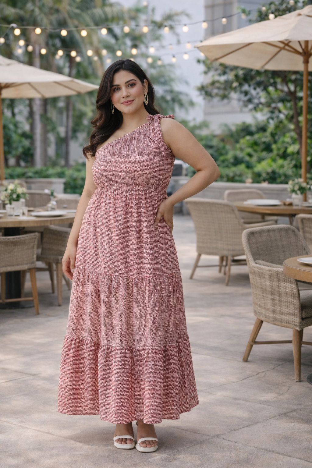 Muted Red One-Shoulder Tiered Cotton Maxi Dress