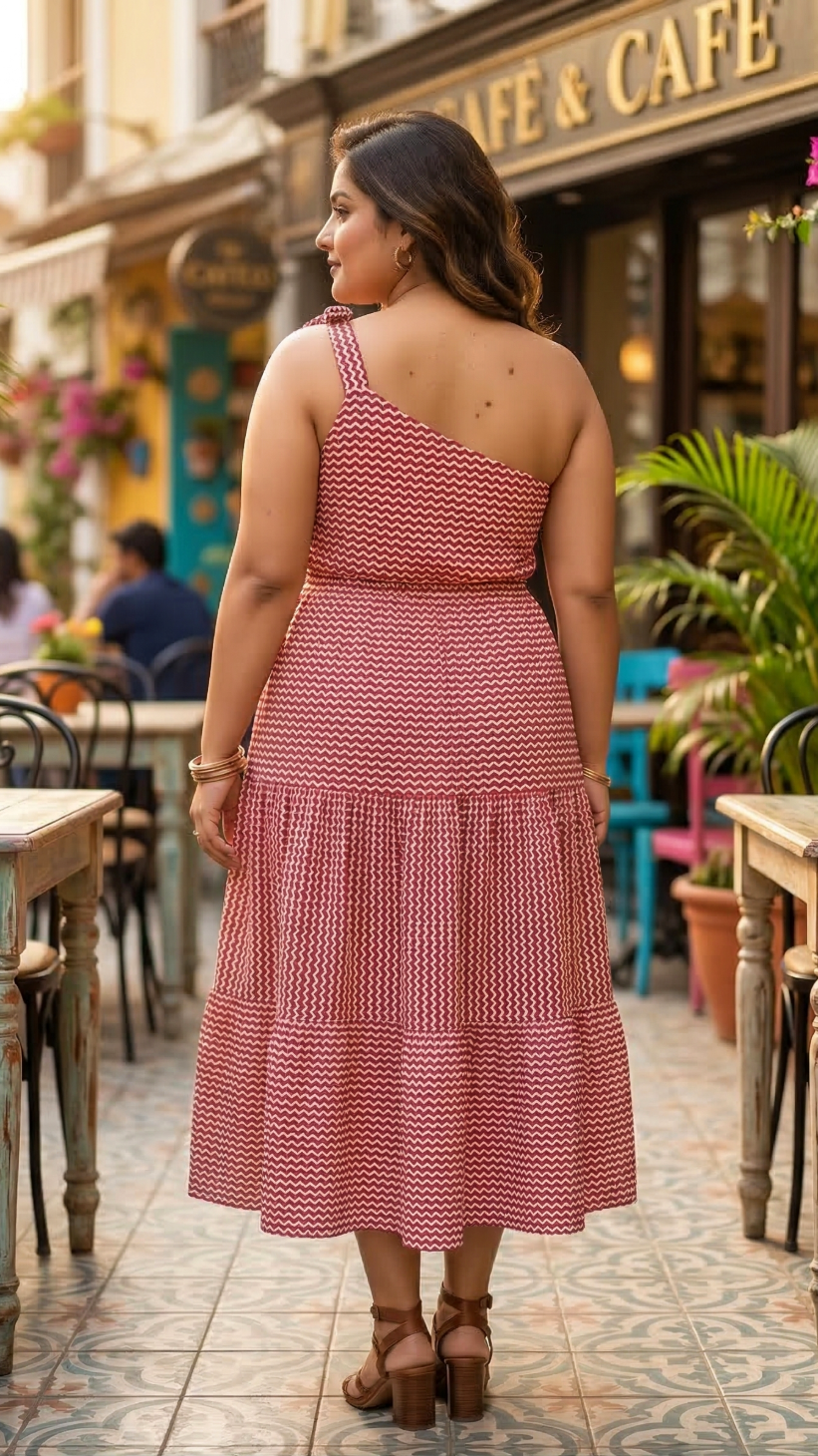 Plus Size Red Printed Cotton One Shoulder Midi Dress for Women – Stylish Casual Wear