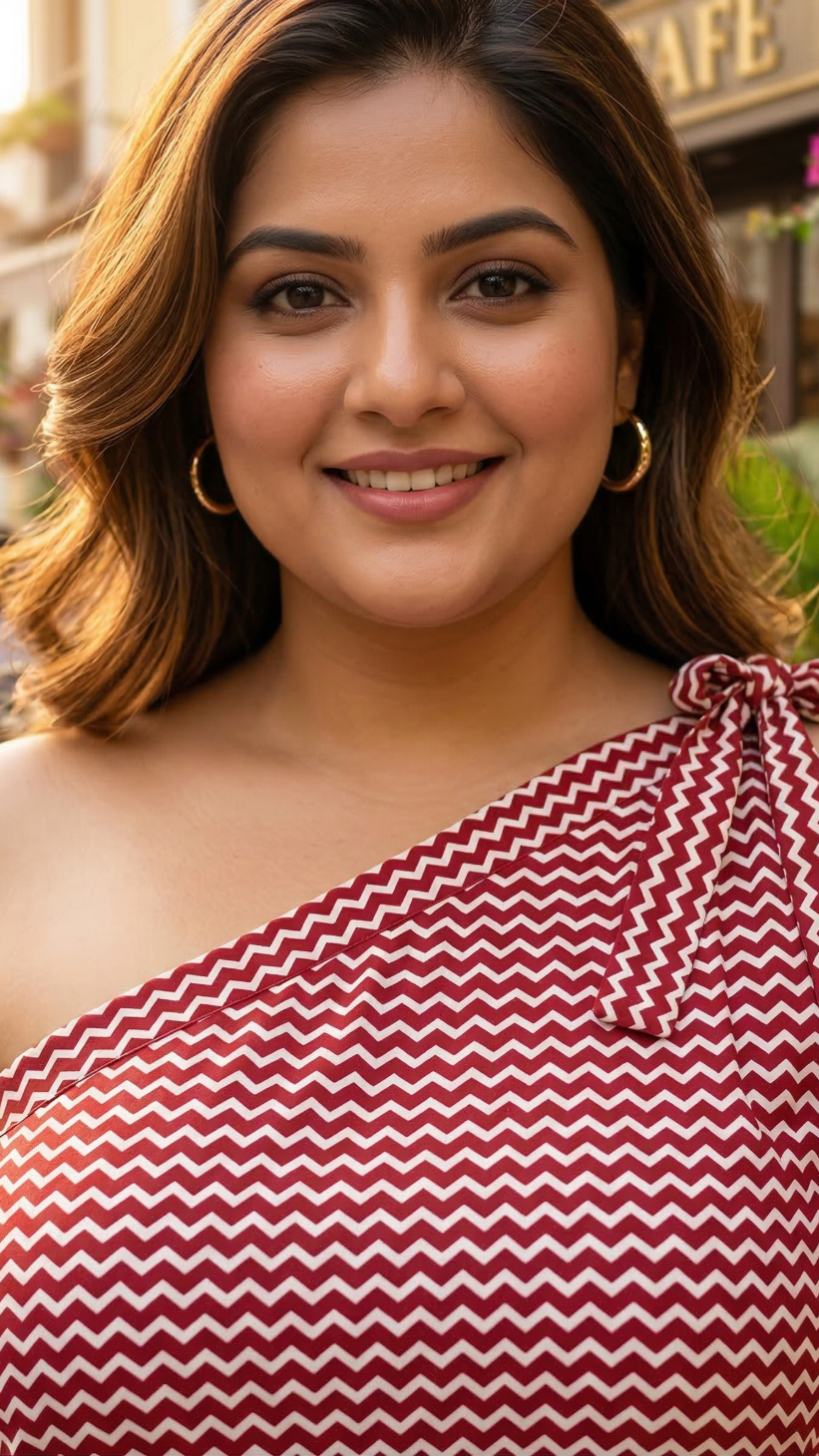 Plus Size Red Printed Cotton One Shoulder Midi Dress for Women – Stylish Casual Wear