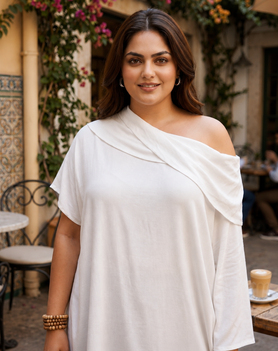 White Rayon Asymmetrical Cowl Neck Top