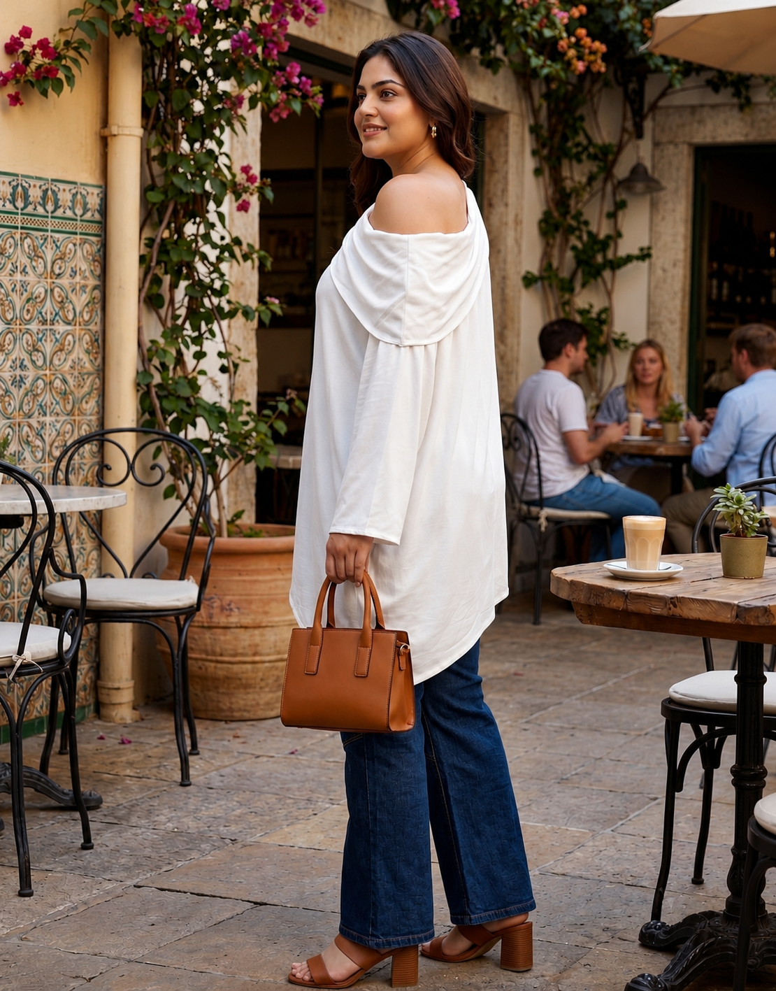 Whisper White One-Shoulder Cowled Shawl Neck Top