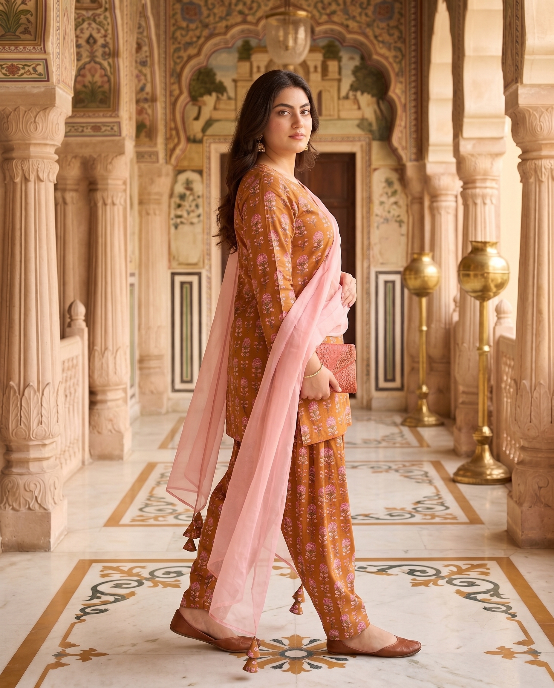 Plus Size Mustard Cotton Printed Kurta Set with Mulmul Dupatta