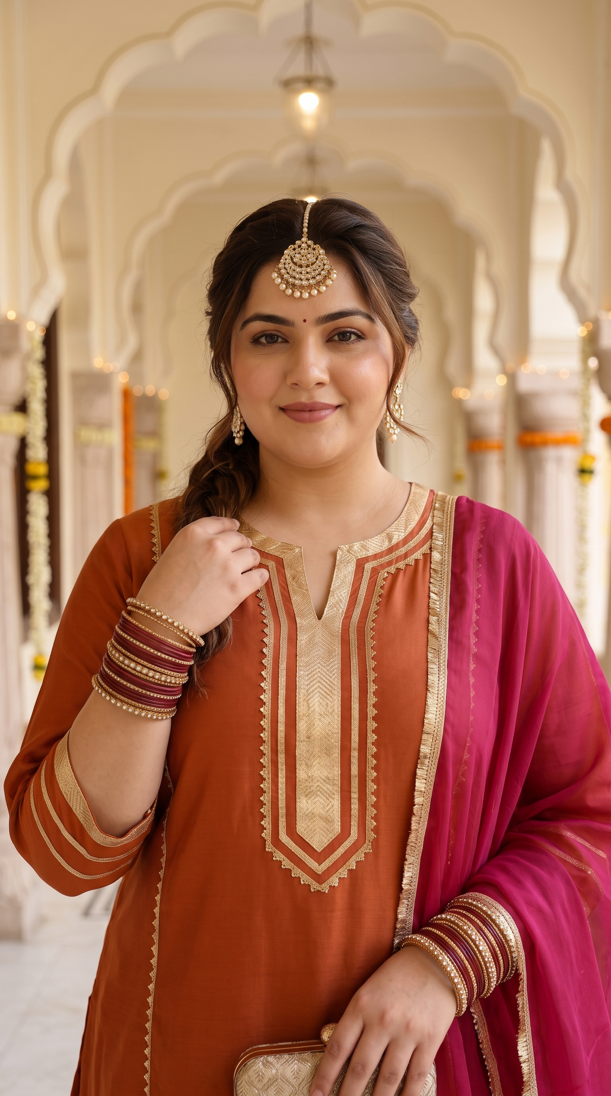 Plus Size Orange Silk Kurta Salwar Suit Set with Gotta Patti Laces(set of 3)
