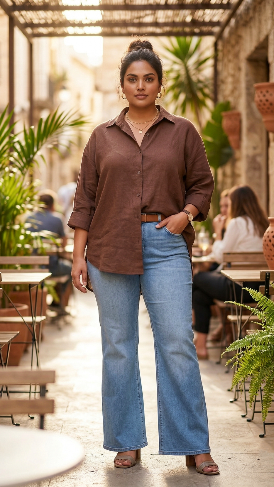 Plus Size Brown Linen Shirt – Casual Relaxed Fit Button-Down Top for Women