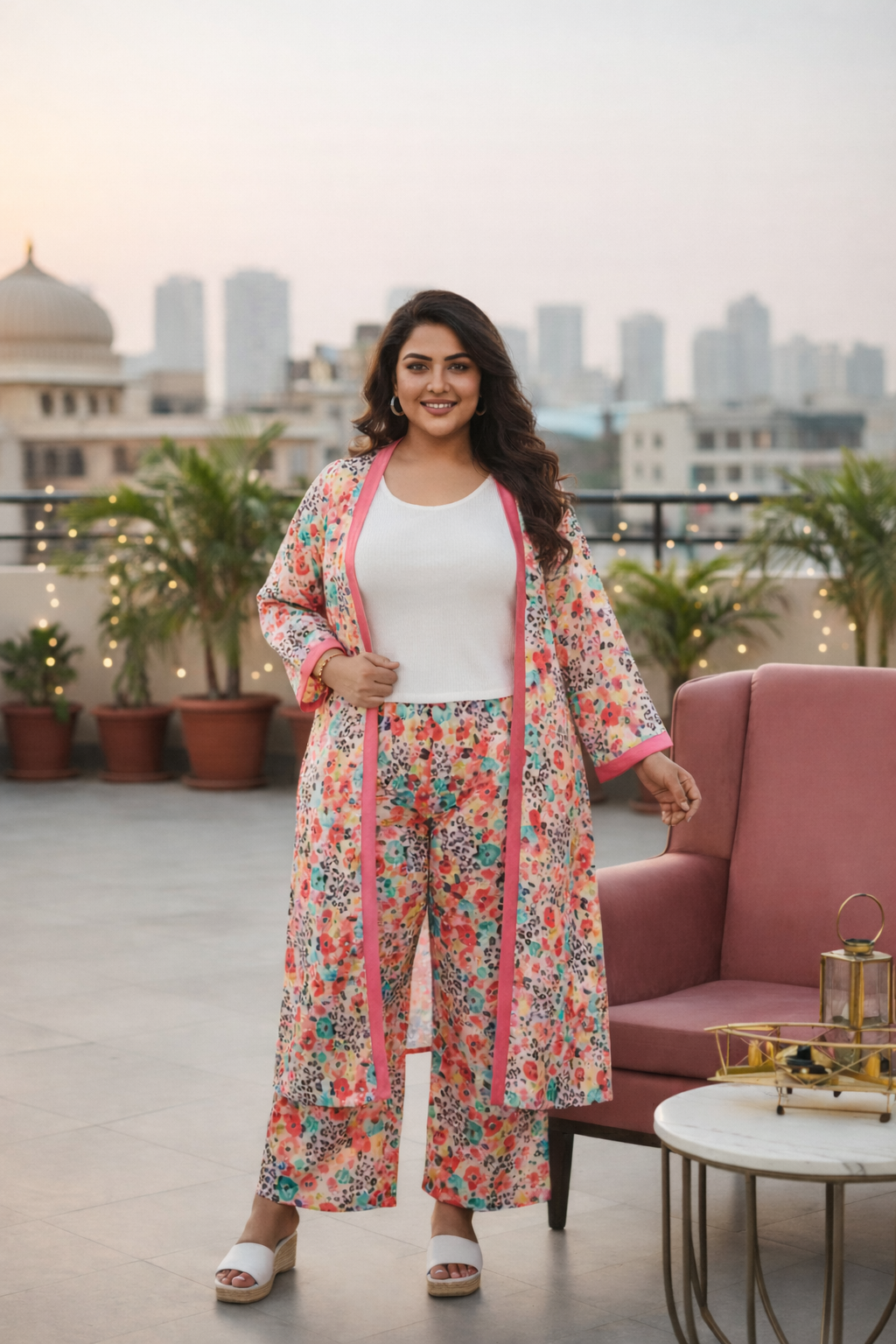 PEACH PRINTED  SATIN MID-RISE TAPERED PALAZZOS