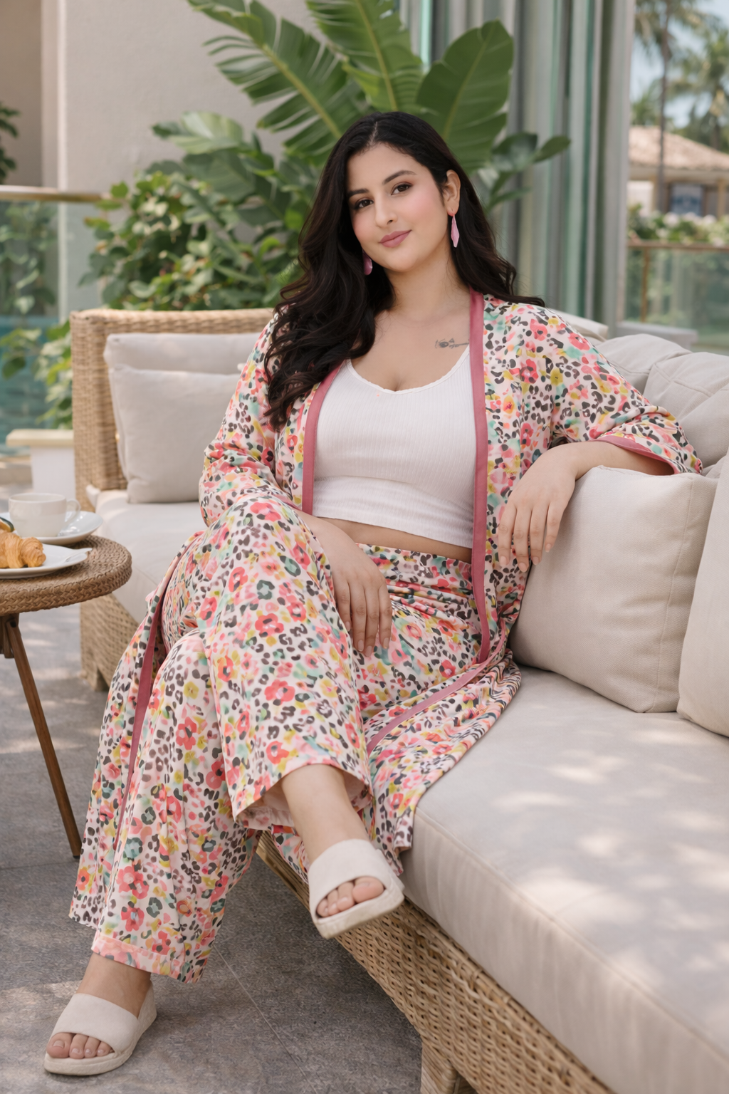 PEACH PRINTED  SATIN MID-RISE TAPERED PALAZZOS