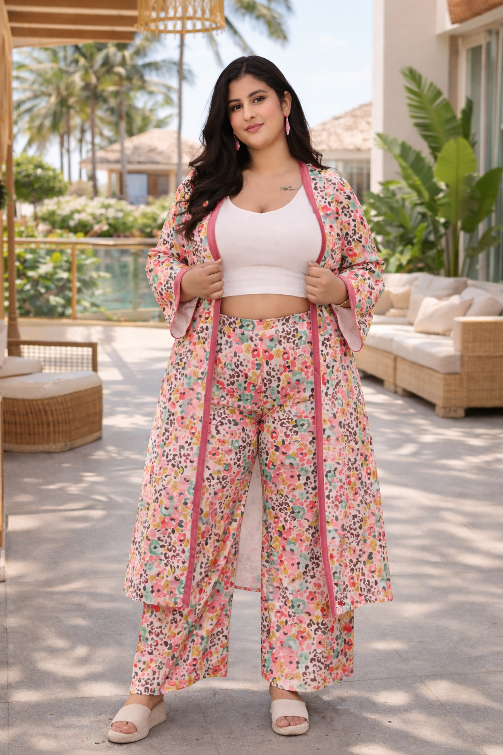 PEACH PRINTED  SATIN MID-RISE TAPERED PALAZZOS