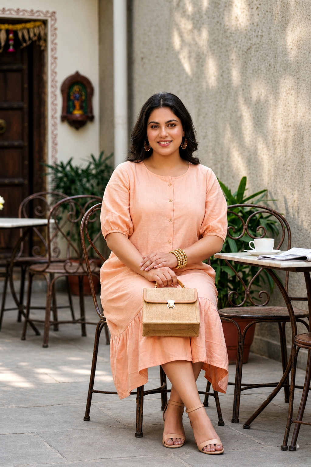 Peach Linen Midi Shirt Dress