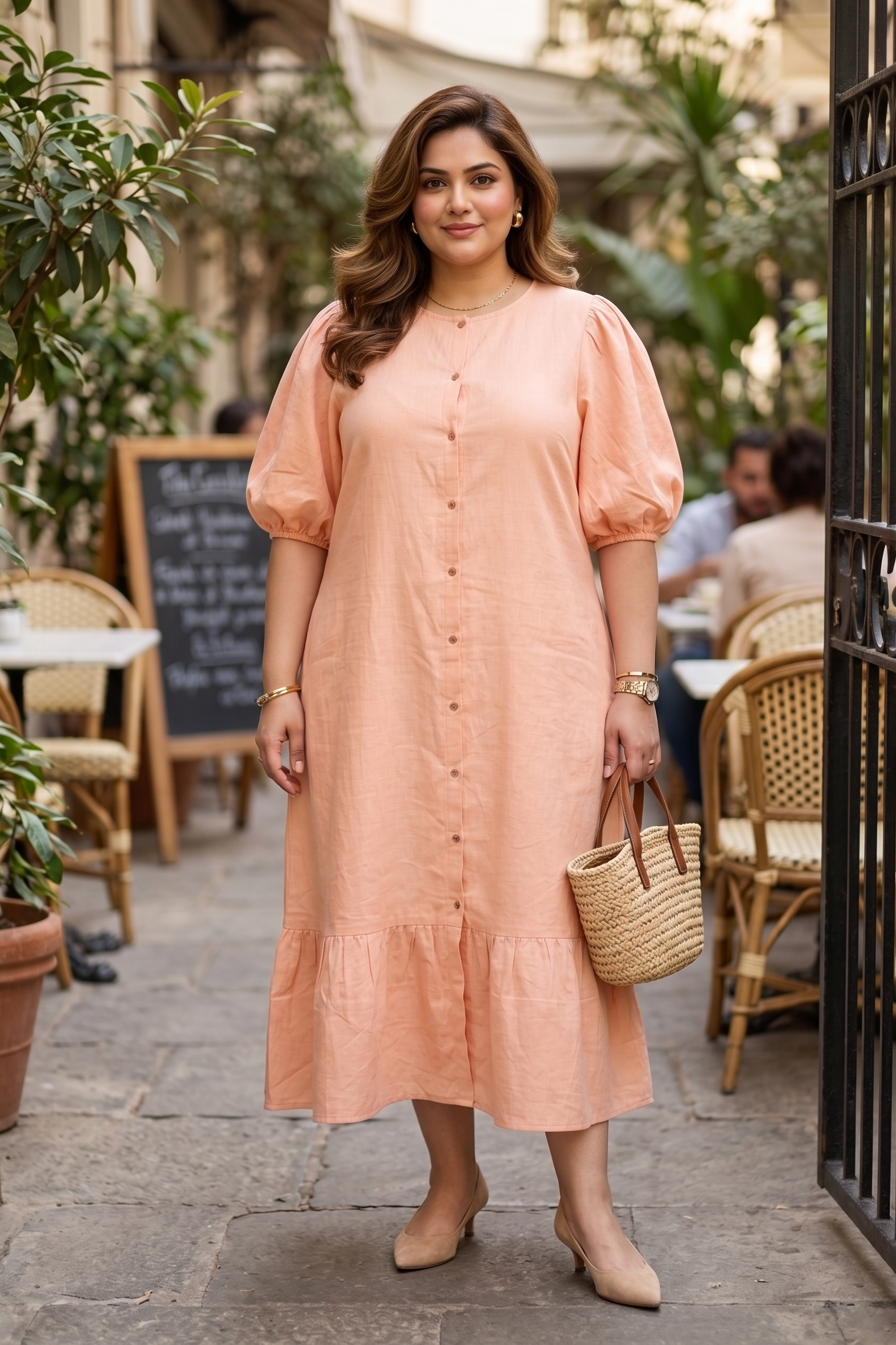 Peach Linen Midi Shirt Dress