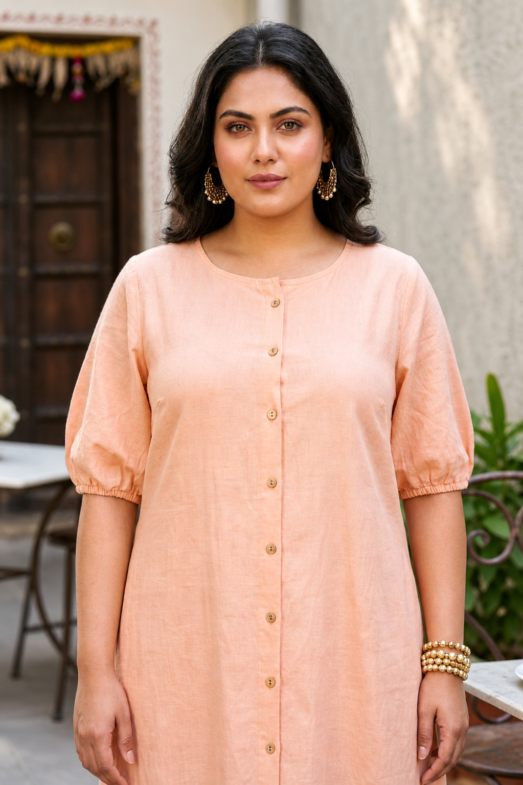 Peach Linen Midi Shirt Dress