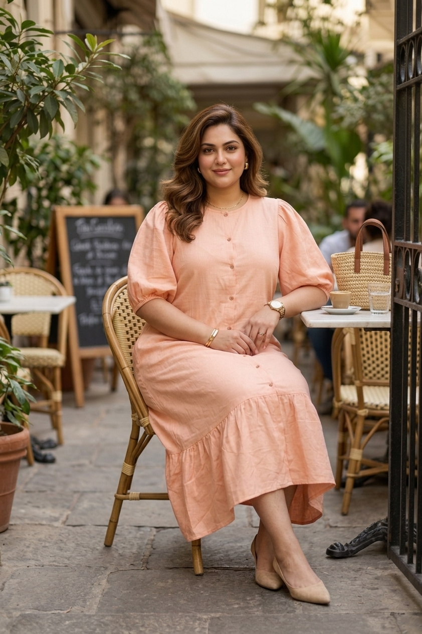 Peach Linen Midi Shirt Dress