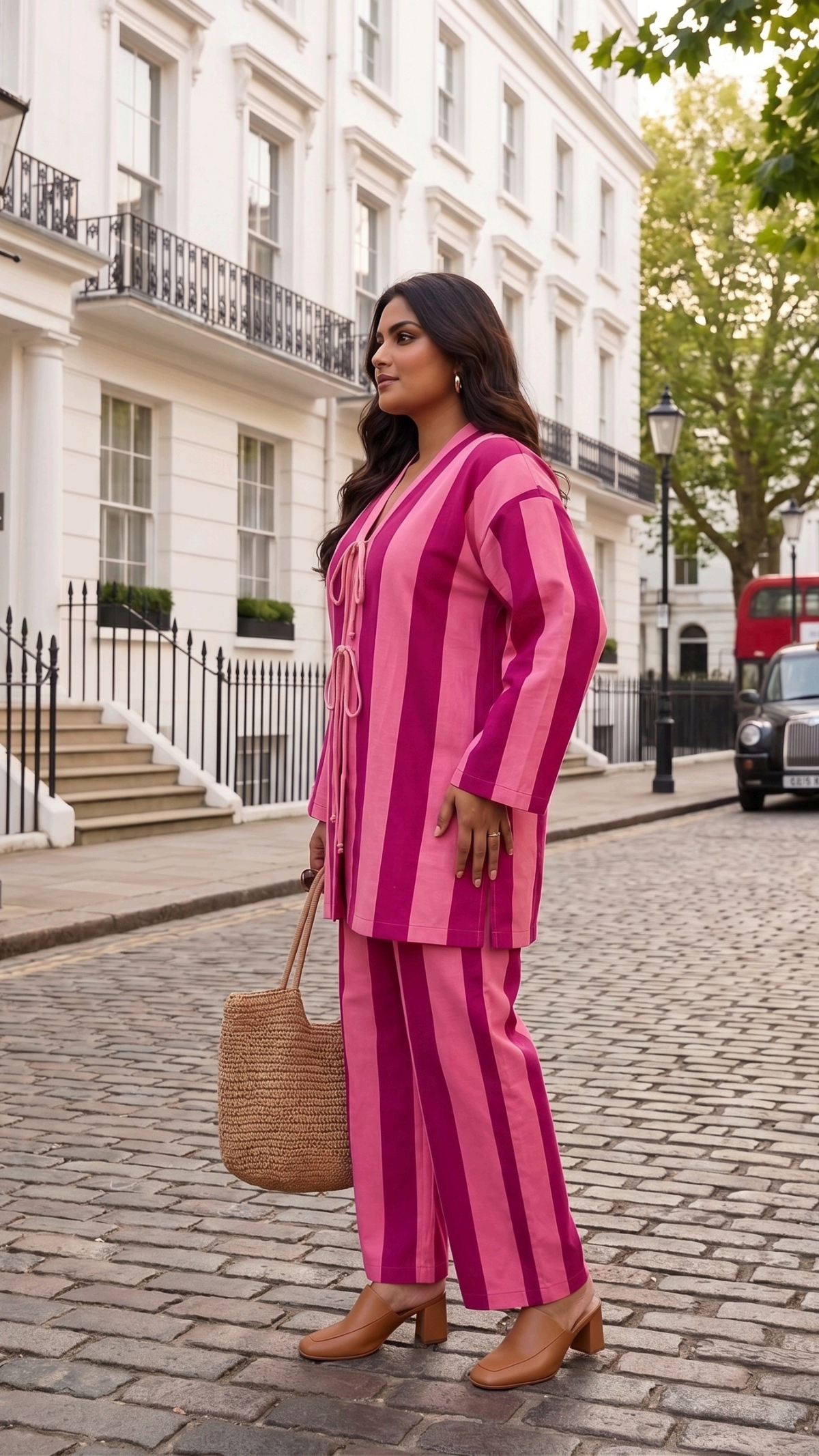 Plus Size Pink Striped Cotton Cord Set for Women | Co-Ord Set with Straight Pants
