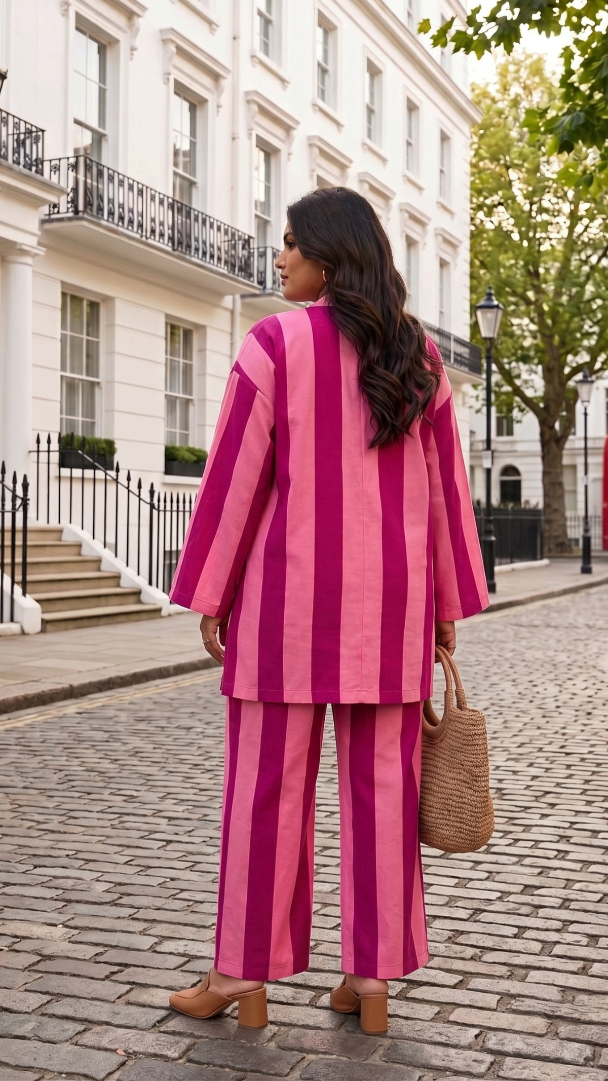 Plus Size Pink Striped Cotton Cord Set for Women | Co-Ord Set with Straight Pants