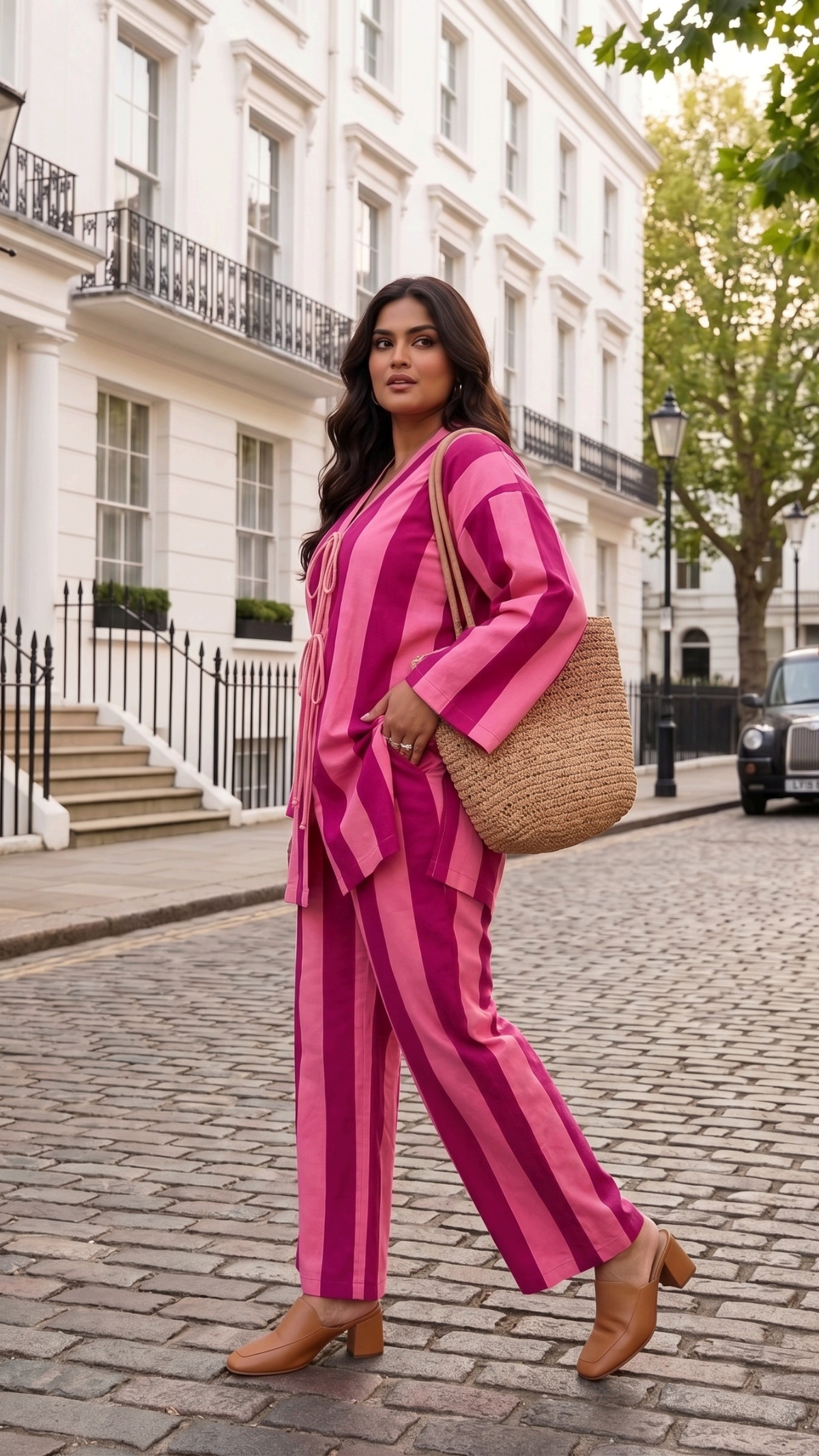 Plus Size Pink Striped Cotton Cord Set for Women | Co-Ord Set with Straight Pants