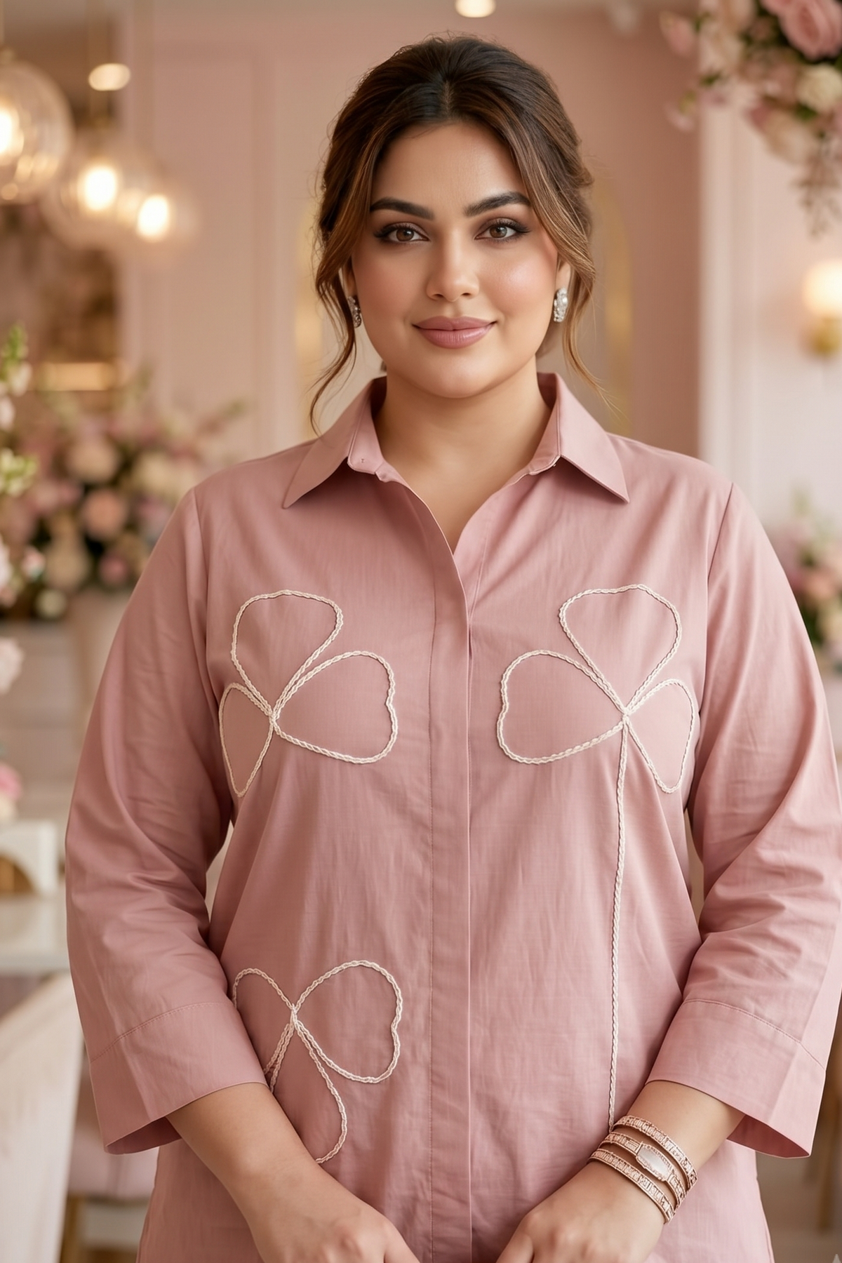 Plus Size Blush Pink 100% Cotton Co-Ord Set with Thread Embroidery