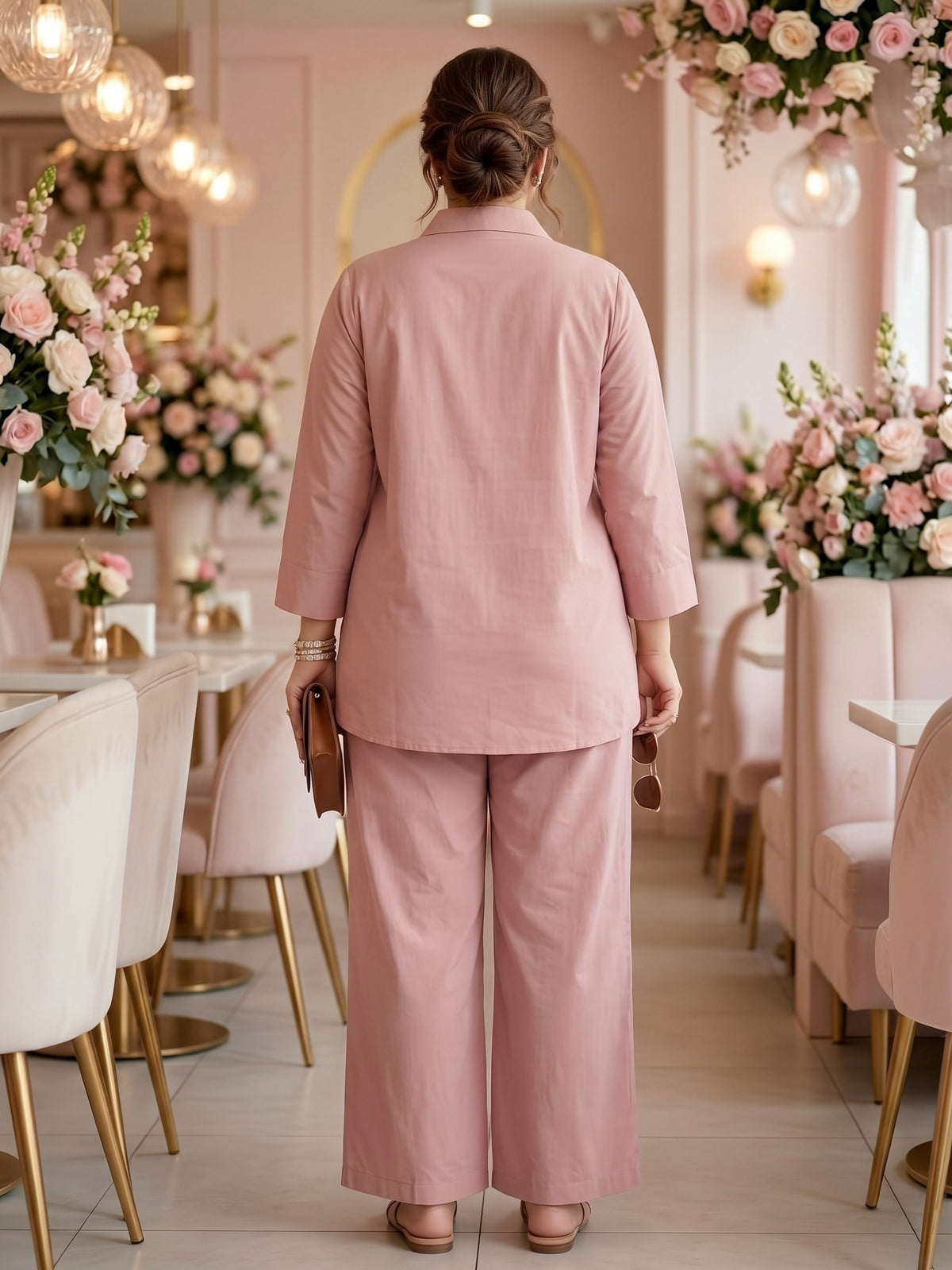 Plus Size Blush Pink 100% Cotton Co-Ord Set with Thread Embroidery
