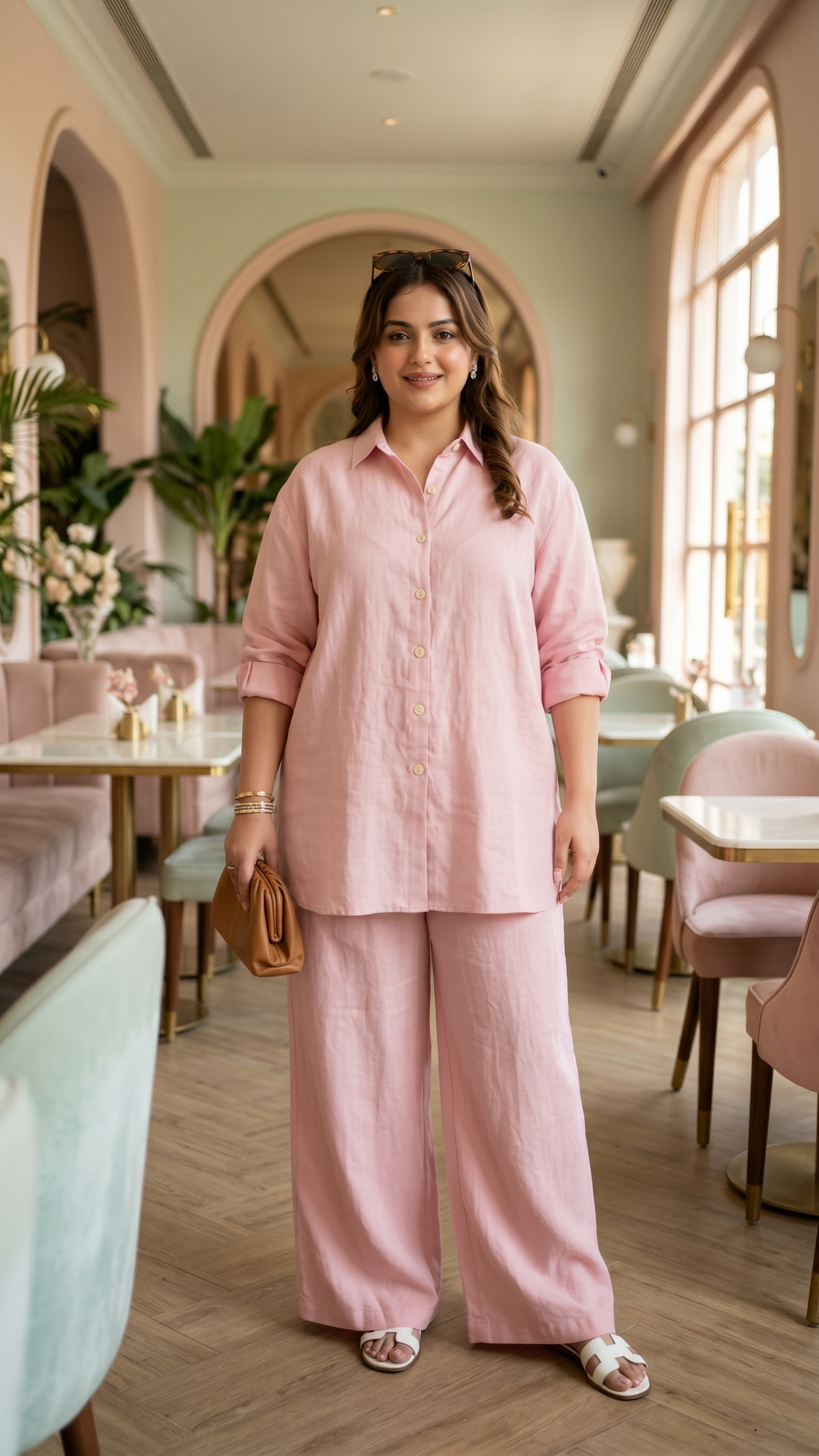 Plus Size Baby Pink Linen Co-Ord Set – Minimal Shirt and Trousers
