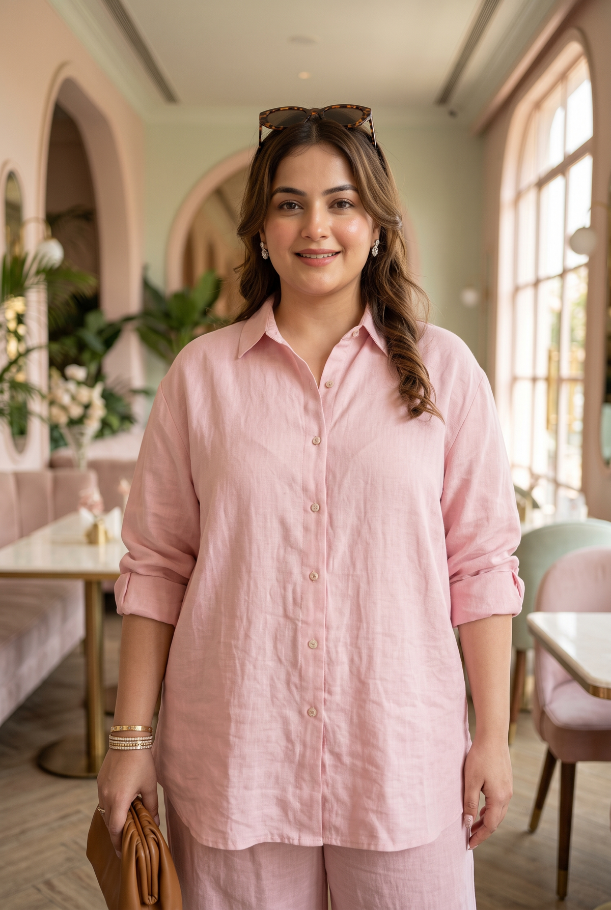 Plus Size Baby Pink Linen Co-Ord Set – Minimal Shirt and Trousers