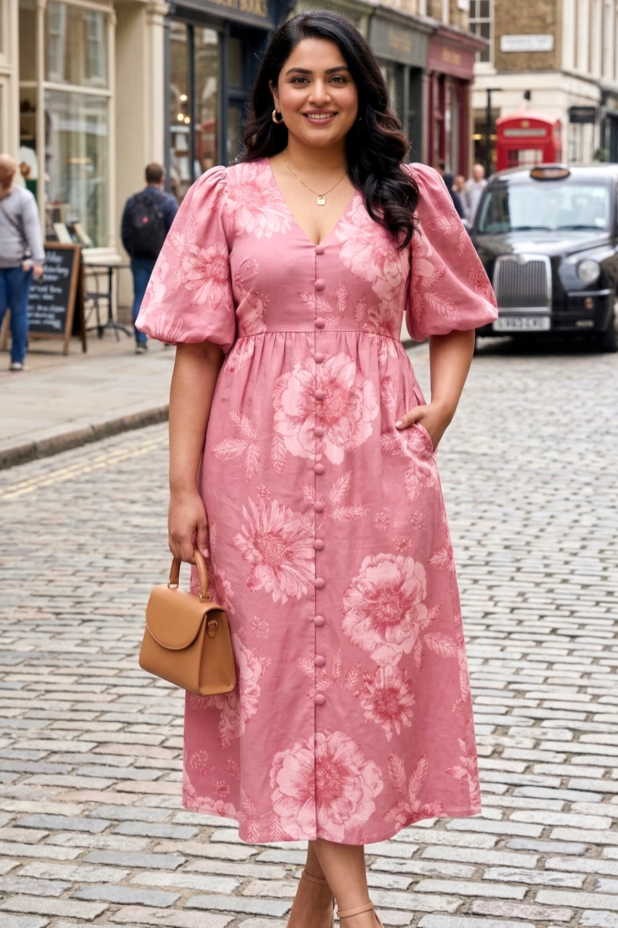 Pink Floral Cotton Midi Dress for Women – Elegant Puff Sleeve Casual Wear