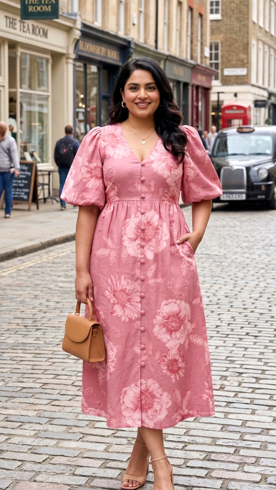 Pink Floral Cotton Midi Dress for Women – Elegant Puff Sleeve Casual Wear
